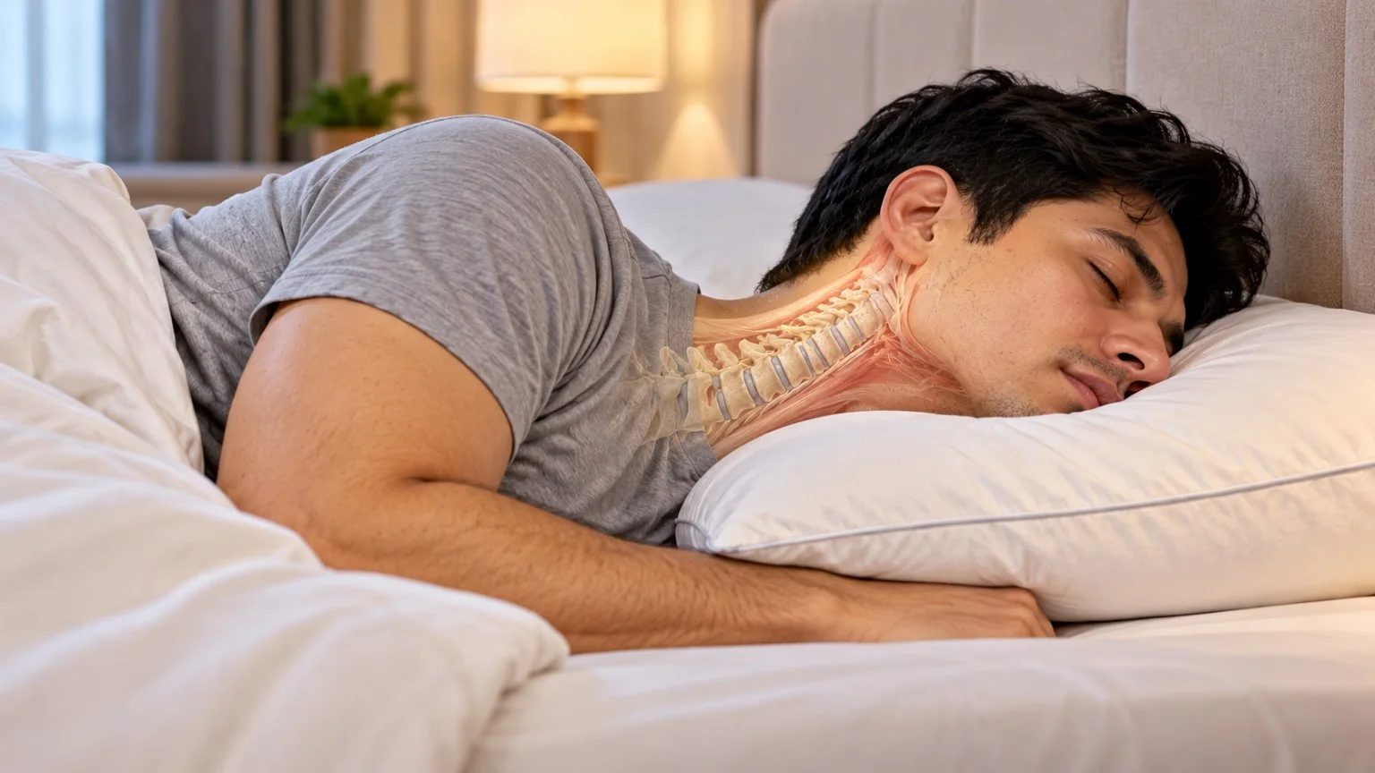 Adult sleeping on their side with the head and neck comfortably supported by a pillow
