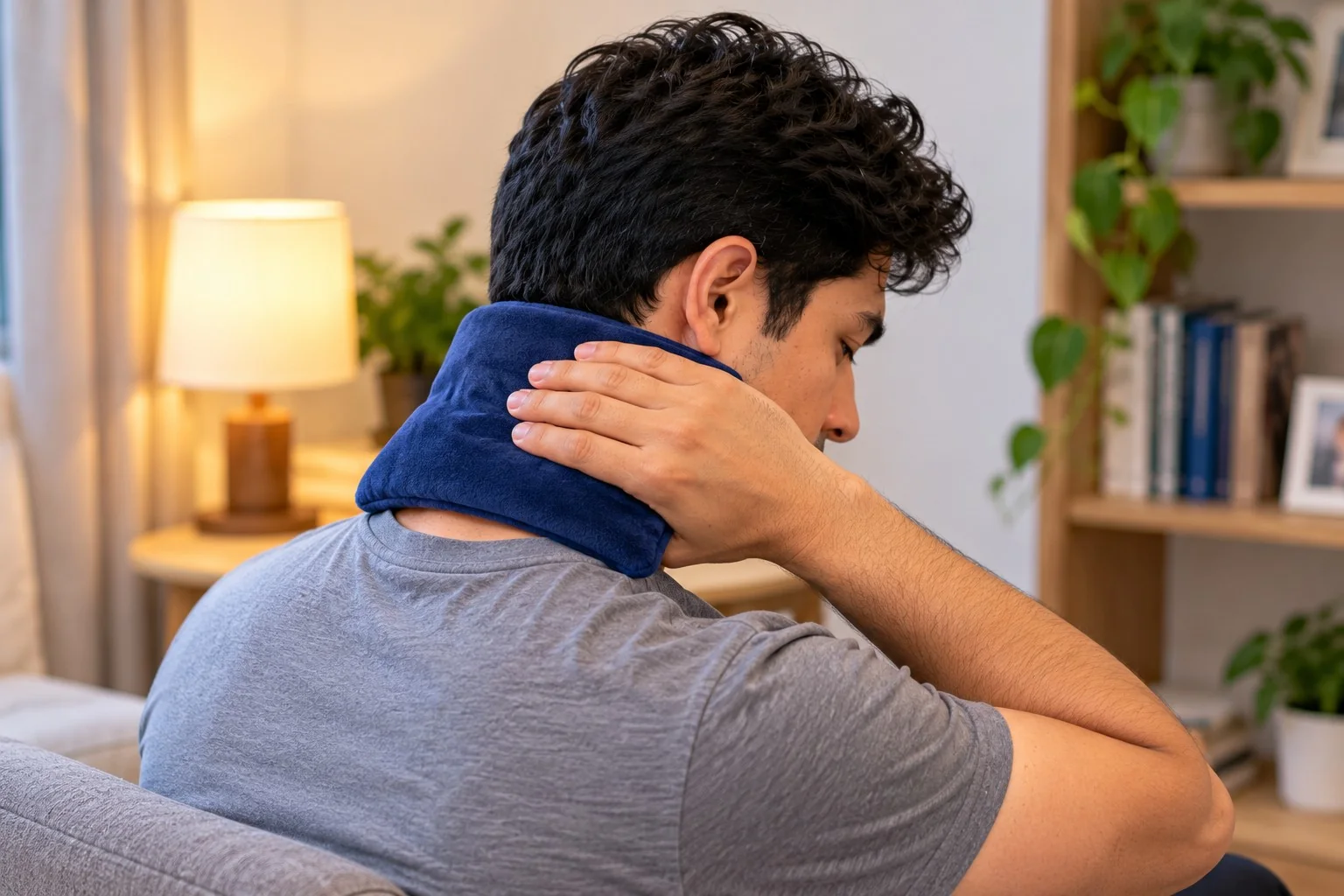 Adult applying a warm compress to the back of the neck for gentle self-care